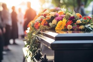 Family members gather around an urn during a quiet memorial service in a simple chapel.