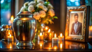 Family members arrange photographs, flowers, and meaningful keepsakes on a memorial display table.